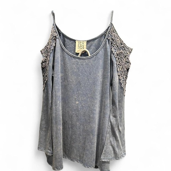 WOMENS BLUE WASHED LACEY BOHO COLD SHOULDER TOP L - Picture 1 of 4